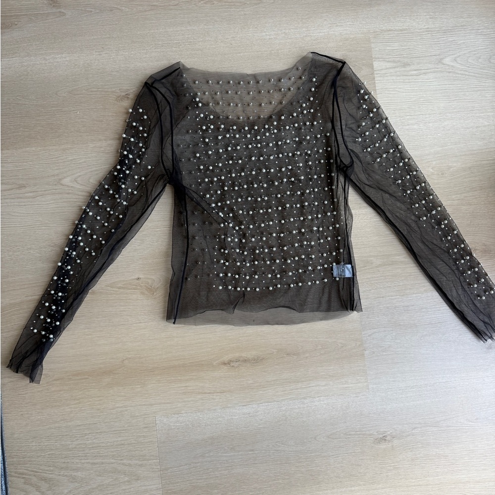 Sheer Black Pearl Embellished Top